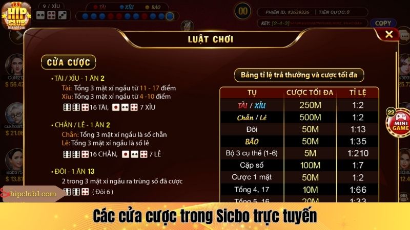 Các cửa cược trong Sicbo trực tuyến